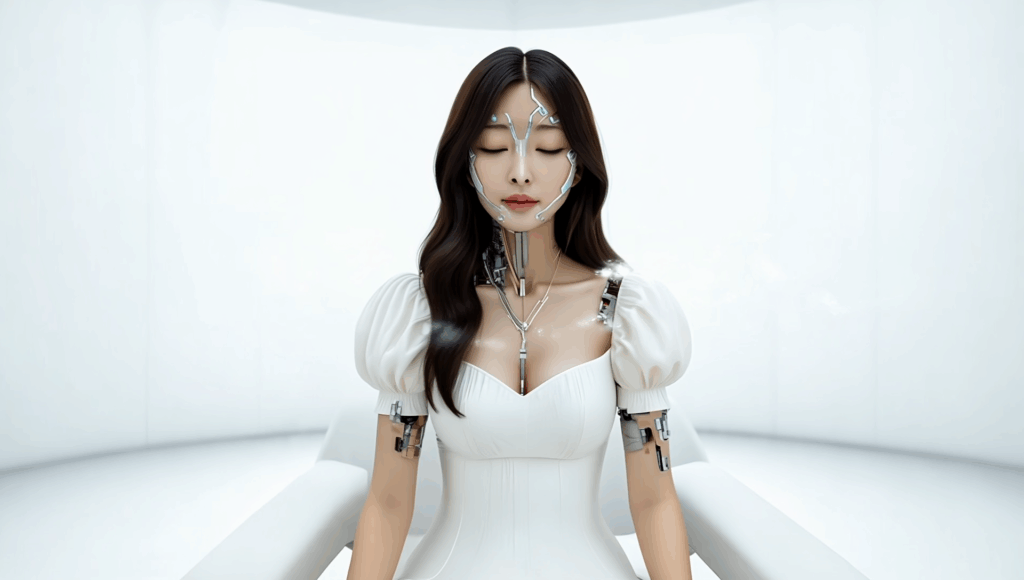 Gen4 white room white a chair  all white phenomenon  sitting cyborg lady  close her eye 26801709